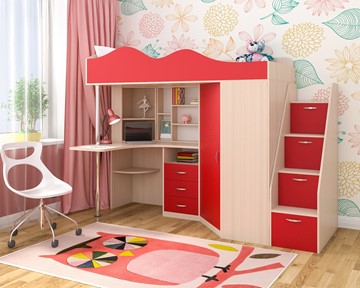 Детская кровать-шкаф Пионер-1, каркас Дуб, фасад Красный в Магнитогорске