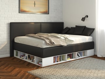 Кровать подростковая Lancaster 1, 120х200, ЛДСП белая, экокожа черная в Копейске