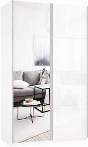 Шкаф 2-х дверный Прайм (Зеркало/Белое стекло) 1400x570x2300, белый снег в Миассе - предосмотр
