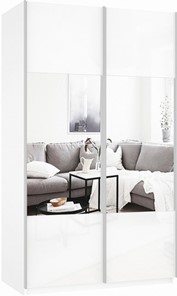 Шкаф 2-х дверный Прайм (Зеркало/Белое стекло) 1400x570x2300, белый снег в Миассе - предосмотр 2