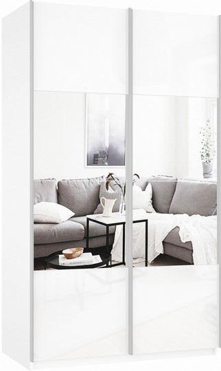 Шкаф 2-х дверный Прайм (Зеркало/Белое стекло) 1400x570x2300, белый снег в Миассе - изображение 2