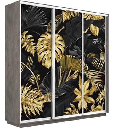 Шкаф 3-дверный Экспресс 2100х450х2200, Листья золото/бетон в Челябинске - изображение