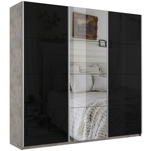 Шкаф 3-дверный Широкий Прайм (2 Стекла Черных / Зеркало) 2400x570x2300, Бетон в Миассе