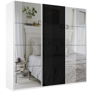 Шкаф 3-х створчатый Широкий Прайм (2 Зеркала / Стекло черное) 2400x570x2300, Белый Снег в Магнитогорске