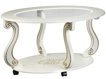 Стеклянный столик в гостиную Овация-С, на колесах, слоновая кость-золото в Миассе