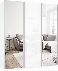Шкаф-купе Прайм (Зеркало/Белое стекло/Зеркало) 1800x570x2300, белый снег в Магнитогорске