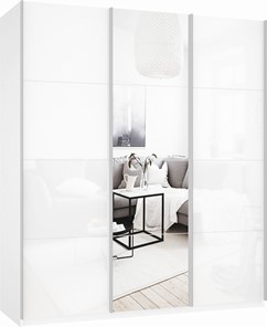 Шкаф-купе 3-х створчатый Прайм (Белое стекло/Зеркало/Белое стекло) 2100x570x2300, белый снег в Копейске