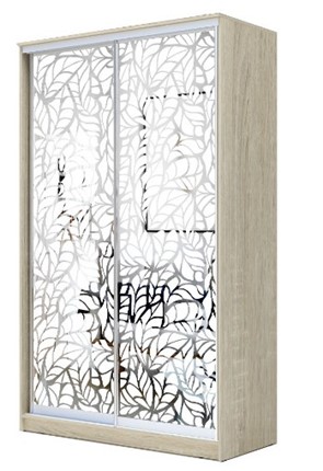 Шкаф-купе 2-х створчатый 2200х1500х620 два зеркала, "Листья" ХИТ 22-15-66-17 Дуб Сонома в Челябинске - изображение
