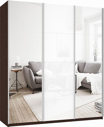 Шкаф 3-х дверный Прайм (Зеркало/Белое стекло/Зеркало) 1800x570x2300, венге в Челябинске - изображение