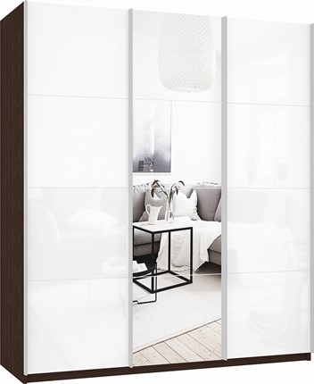 Шкаф-купе Прайм (Белое стекло/Зеркало/Белое стекло) 2100x570x2300, венге в Челябинске - изображение