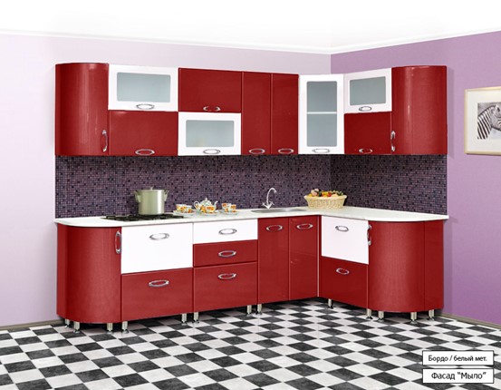 Кухонный угловой гарнитур Мыло 128 2700х1500, цвет Бордо/Белый металлик в Челябинске - изображение