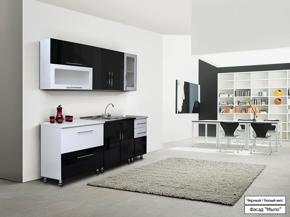 Гарнитур на кухню Мыло 224 2000х718, цвет Черный/Белый металлик в Копейске - изображение