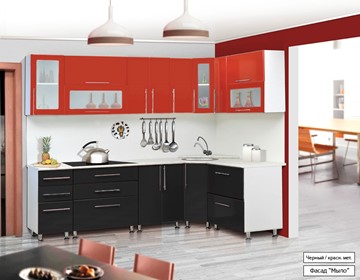 Угловая кухня Мыло 224 2600х1600, цвет Черный/Красный металлик в Копейске