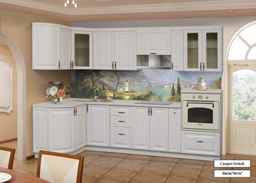 Угловой кухонный гарнитур Марибель Веста 1330х2800, цвет Сандал белый в Миассе