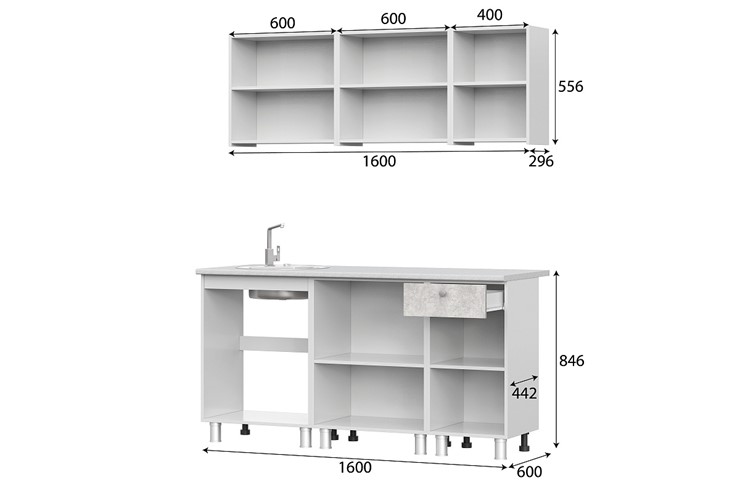 Готовая кухня КГ-1 1600, белый/белый/цемент светлый/антарес в Миассе - изображение 2