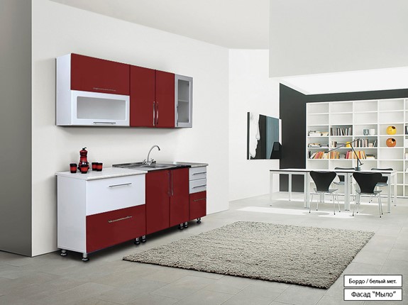 Кухонный гарнитур Мыло 224 2000х718, цвет Бордо/Белый металлик в Копейске - изображение