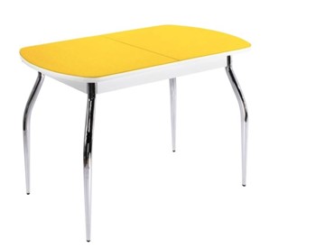 Кухонный обеденный стол ПГ-04 СТ2, белое/желтое стекло/35 хром гнутые металл в Магнитогорске