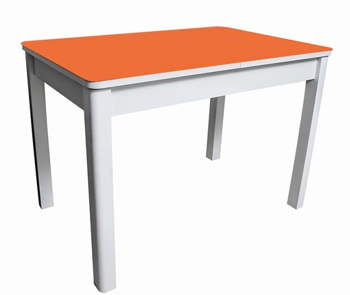 Кухонный раздвижной стол Айсберг-01 СТ2, белое ЛДСП/стекло оранжевое/прямые массив белый в Челябинске - изображение