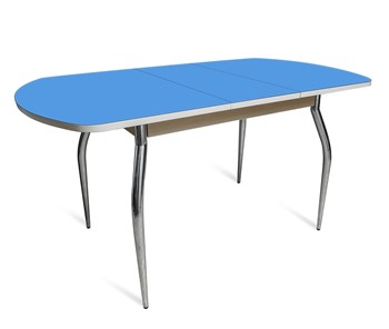 Обеденный раздвижной стол ПГ-07 СТ2, дуб молочный/синие стекло/35 хром гнутые металл в Челябинске