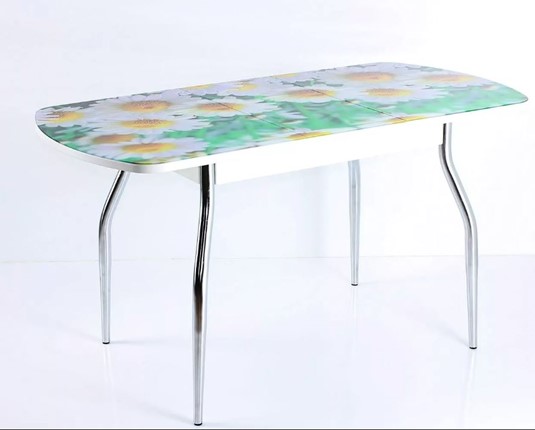 Кухонный стол раздвижной ПГ мини СТФ белое ЛДСП/ромашки/хром фигурные в Копейске - изображение