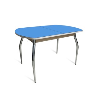 Кухонный обеденный стол ПГ-08 СТ2, дуб молочный/синие стекло/35 хром гнутые металл в Магнитогорске