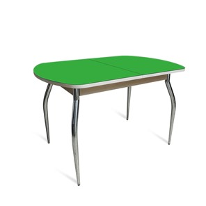 Обеденный раздвижной стол ПГ-02 СТ2, дуб молочный/зеленое стекло/35 хром гнутые металл в Челябинске - предосмотр 1