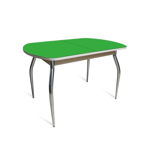 Обеденный раздвижной стол ПГ-02 СТ2, дуб молочный/зеленое стекло/35 хром гнутые металл в Миассе - изображение 1