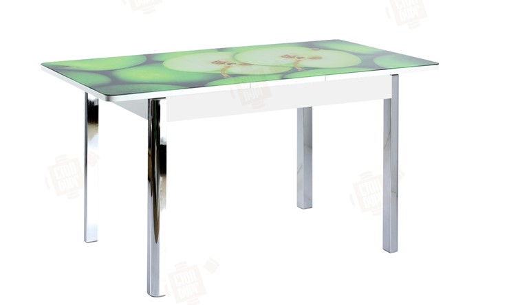 Кухонный раскладной стол Айсберг-02 СТФ, белое лдсп/зеленые яблоки/ноги хром квадратные в Челябинске - изображение 3