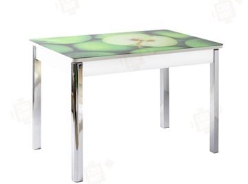 Кухонный раскладной стол Айсберг-02 СТФ, белое лдсп/зеленые яблоки/ноги хром квадратные в Челябинске - предосмотр