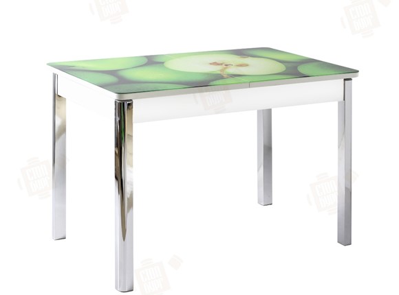 Кухонный раскладной стол Айсберг-02 СТФ, белое лдсп/зеленые яблоки/ноги хром квадратные в Челябинске - изображение