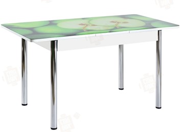 Раздвижной стол Айсберг-02 СТФ, белое лдсп/зеленые яблоки/ноги хром прямые в Копейске