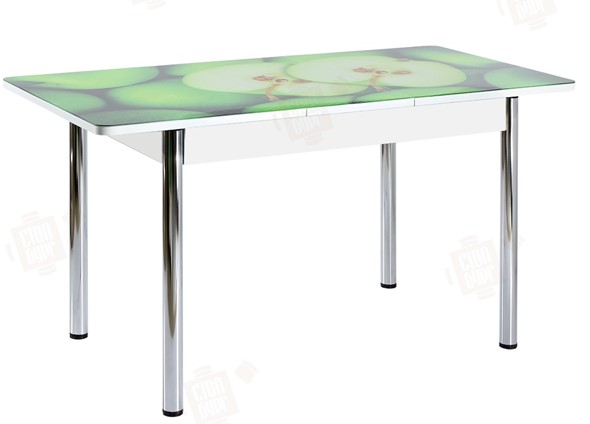 Раздвижной стол Айсберг-02 СТФ, белое лдсп/зеленые яблоки/ноги хром прямые в Миассе - изображение