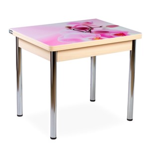 Кухонный пристенный стол СПА-07 СТФ, молочный дуб/фотопечать орхидея/опоры прямые хром в Миассе - предосмотр