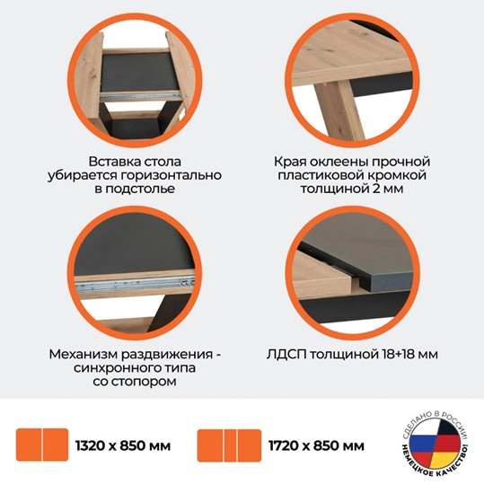 Кухонный стол раскладной VOX ЛДСП, 132-172x85x75,5 Дуб артисан/Графит арт.19124 в Челябинске - изображение 14