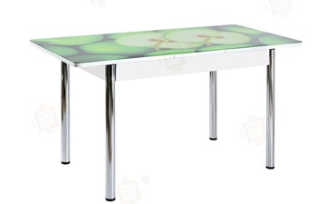 Раздвижной стол Айсберг-01 СТФ, белый/фотопечать зеленые яблоки/ноги хром круглые в Копейске