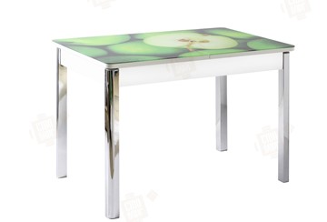 Раздвижной стол Айсберг-01 СТФ, белый/фотопечать зеленые яблоки/ноги хром квадратные в Копейске