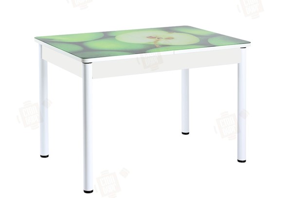 Кухонный раскладной стол Айсберг-01 СТФ, белый/фотопечать зеленые яблоки/ноги крашеные в Челябинске - изображение