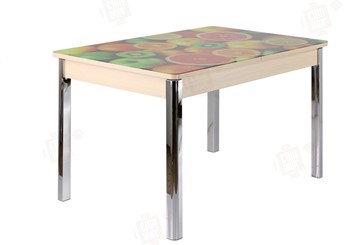 Кухонный раздвижной стол Айсберг-01 СТФ, дуб/фотопечать фрукты/ноги хром квадратные в Миассе