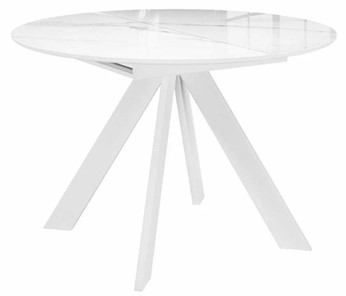 Стеклянный обеденный стол раздвижной DikLine SFC110 d1100 стекло Оптивайт Белый мрамор/подстолье белое/опоры белые в Челябинске