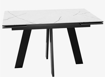 Стеклянный обеденный стол раздвижной DikLine SFM120 Стекло Белый мрамор САТИН/подстолье черное/опоры черные в Миассе