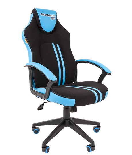 Кресло игровое CHAIRMAN GAME 26  Экокожа - Ткань стандарт. Черный/голубой в Челябинске - изображение 1