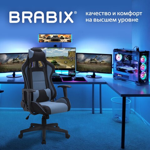 Кресло компьютерное Brabix GT Racer GM-100 (две подушки, ткань, черное/голубое) 531818 в Челябинске - изображение 7