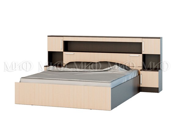 Кровать 2-спальная Бася 1600 с надстройкой и с тумбами в Миассе - изображение