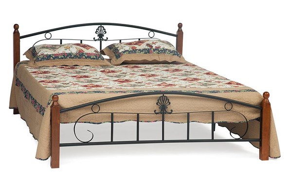 Кровать с основанием РУМБА (AT-203)/ RUMBA дерево гевея/металл, 140х200 см (double bed), красный дуб/черный в Челябинске - изображение