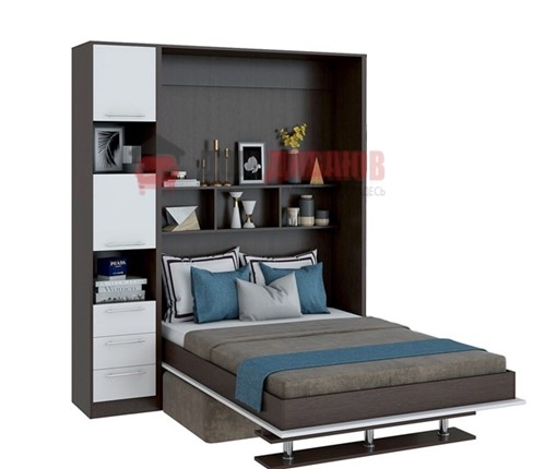Кровать-шкаф с диваном Бела 1, с полкой ножкой с 1 пеналом, 1600х2000, венге/белый в Миассе - изображение