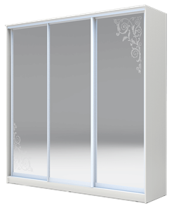 Шкаф 3-х дверный 2400х1770х620 три зеркала, Орнамент ХИТ 24-18-656-09 Белая Шагрень в Челябинске
