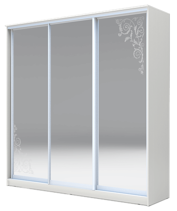 Шкаф 3-х дверный 2400х1770х620 три зеркала, Орнамент ХИТ 24-18-656-09 Белая Шагрень в Челябинске - изображение