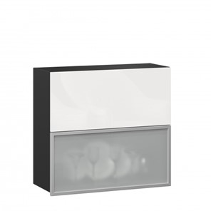 Кухонный навесной шкаф 800 горизонтальный, Шервуд, ЛД 281.981.000.088, со стеклом, черный/белый глянец в Челябинске - предосмотр