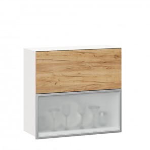 Навесной кухонный шкаф 800 горизонтальный, Шервуд, ЛД 281.981.000.137, со стеклом, белый/дуб золотой в Челябинске