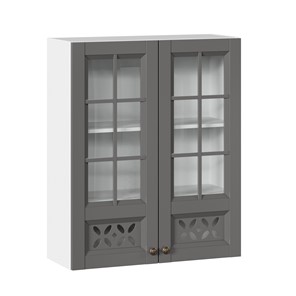 Кухонный навесной шкаф Амели-3 800 высокий со стеклом ЛД 299.460.000.050, Белый/Оникс серый в Копейске